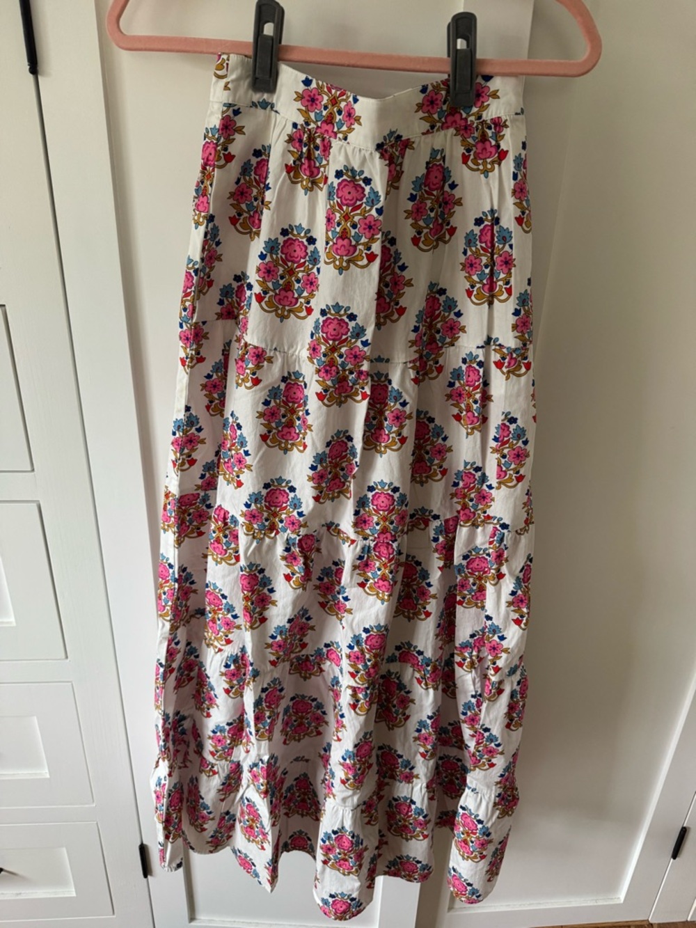 Boden White Tiered Maxi Skirt with Pink, Blue & Gold Floral Motif